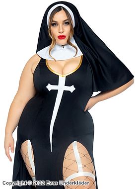 Nonne, Kostüm-Kleid, hoher Schlitz, eingebauter Strumpfbandgurte, christliches Kreuz, Plus Size